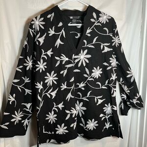 Carole Little Linen Floral‎ Embroidered Tunic Women’s Size Large Black & White